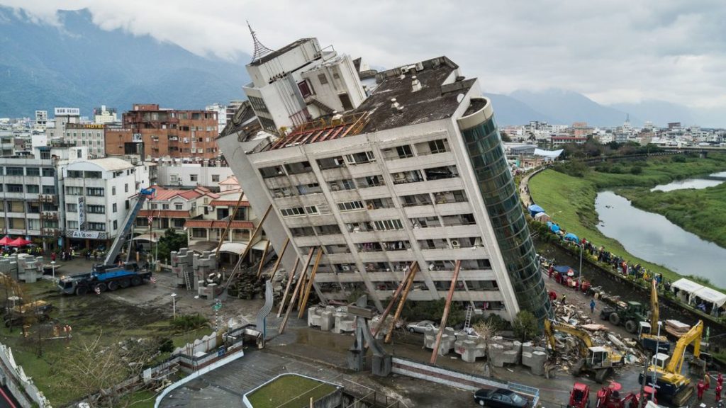 Fallen over building from earthquake